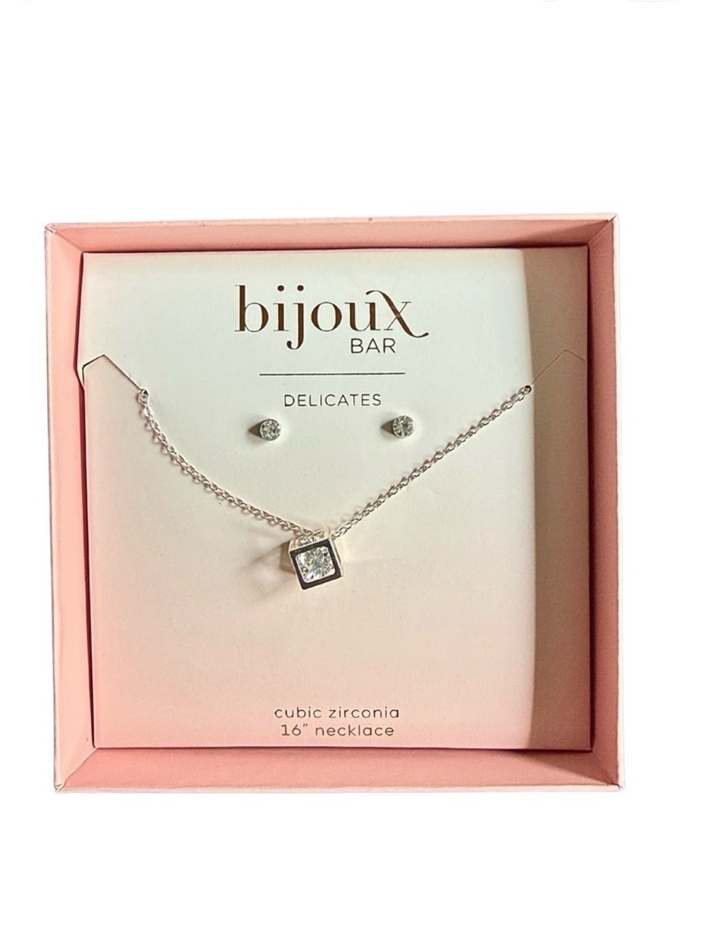 bijoux Bar Delicates Silver Cubic Zirconia Necklace & Earring Set - Pink Box